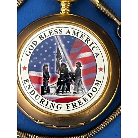 God Bless America Enduring Freedom Pocket Watch in box fresh battery gold tone - Picture 2 of 14